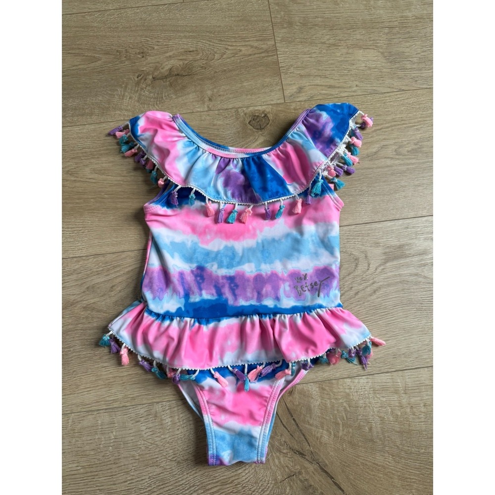 EUC Kid Girls Betsey Johnson tassel‎ one piece ruffle tie dye swimsuit size 5